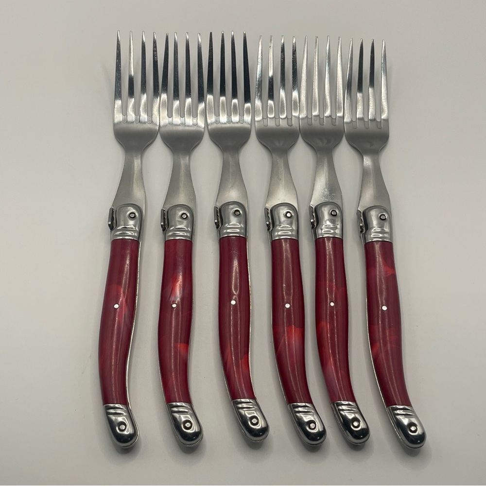 Laguiole Red Handle Stainless Steel Dinner Forks - Set of 6